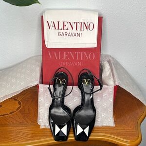 Valentino Garavani Black Patent Ankle Strap Heels with V Logo – Size 38.5